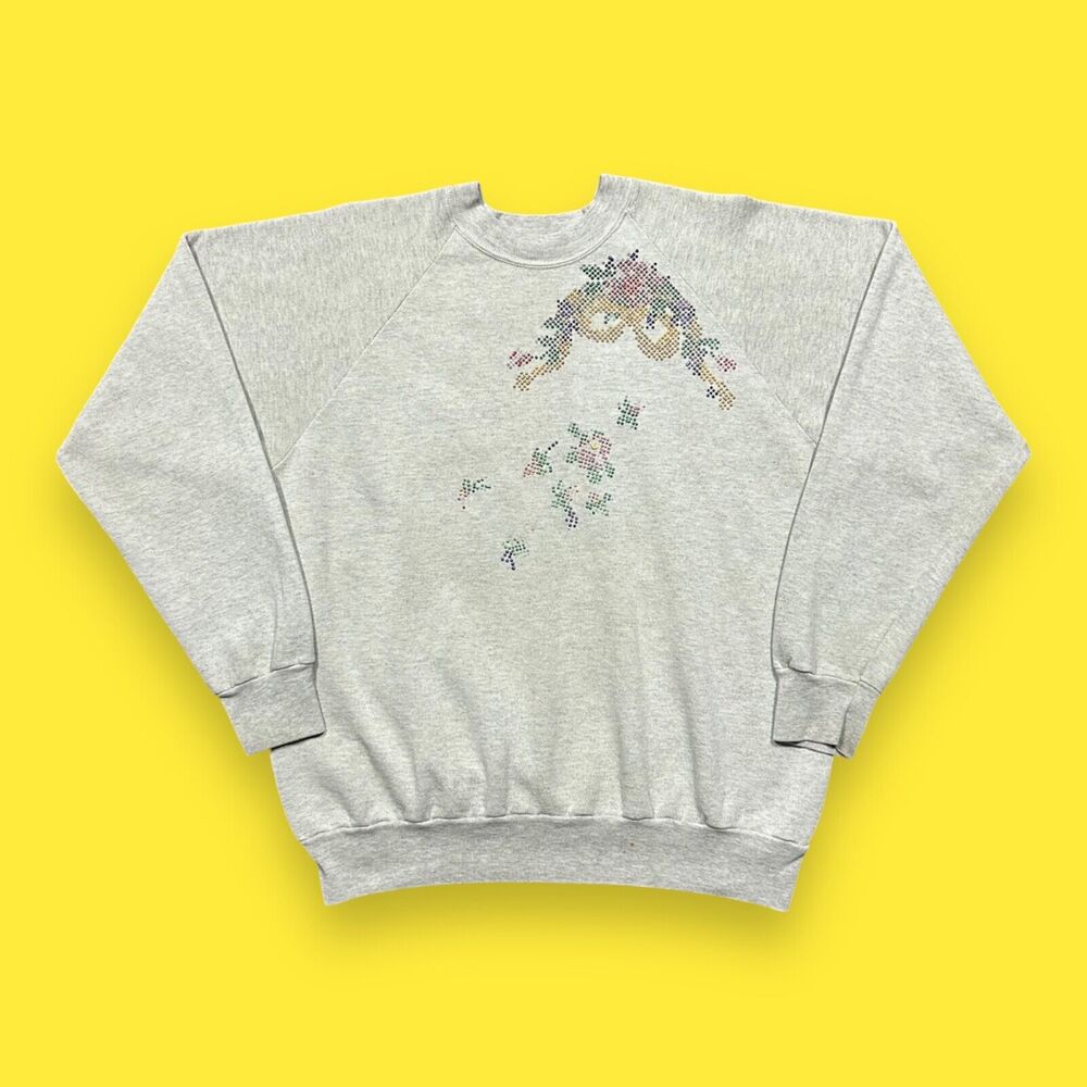 Vintage 80s Sweatshirt Crewneck Pullover Handmade Art 80s 90s Faded Gray XL